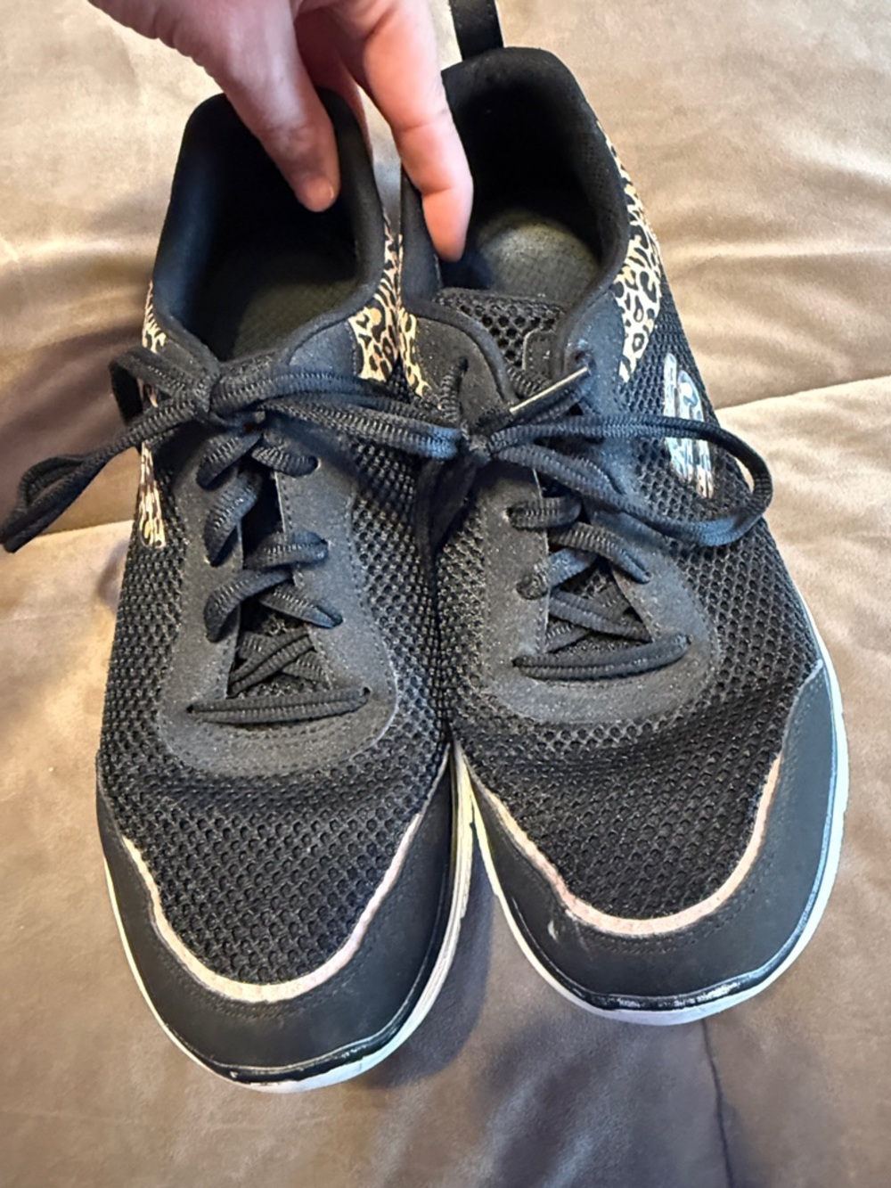 Skechers Women's Black Mesh Sneakers with Leopard Accent
